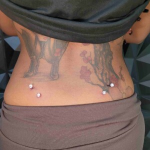 Piercing en la superficie de la espalda con gemas transparentes a juego en Lethal Ink Tattoo Pattaya. Piercing en la superficie de la espalda con joya de acero quirúrgico con gema transparente a juego en Lethal Ink Tattoo Pattaya (2026)